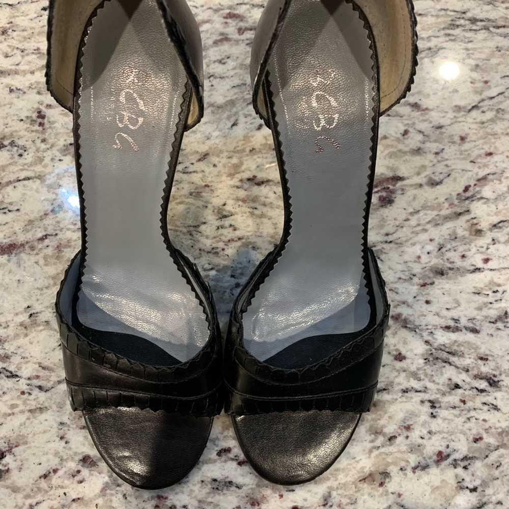 BCBG Paris black leather open toe heels